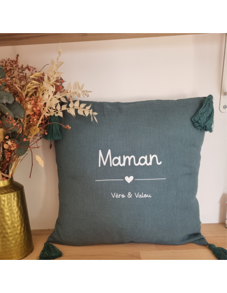 Coussin personnalisé Maman – 40x40 cm – Phrase & prénoms modifiables
