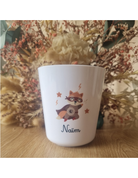 Gobelet enfant en polymère blanc – Prénom + motif renard héros