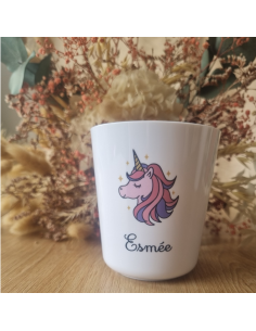 Gobelet enfant en polymère blanc – Prénom + Licorne