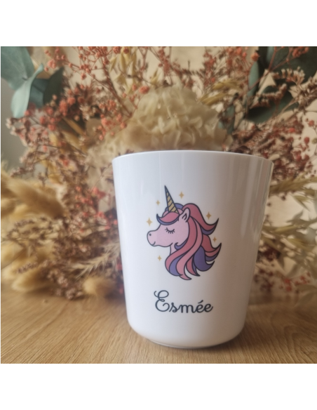 Gobelet enfant en polymère blanc – Prénom + Licorne