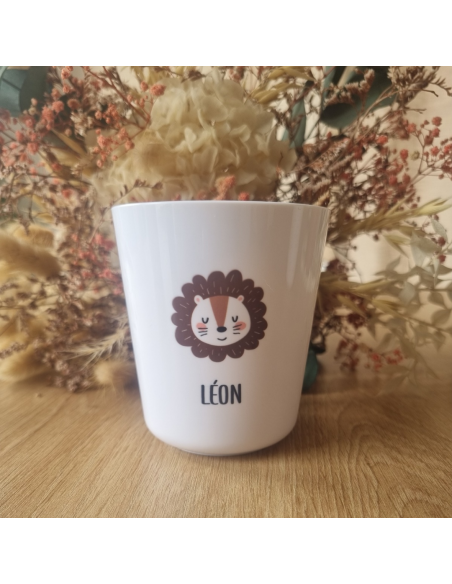 Gobelet enfant en polymère blanc – Prénom + motif LION