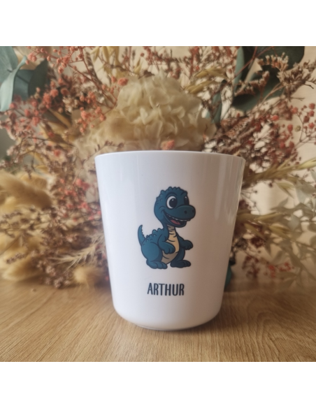 Gobelet enfant en polymère blanc – Prénom + motif DINOSAURE