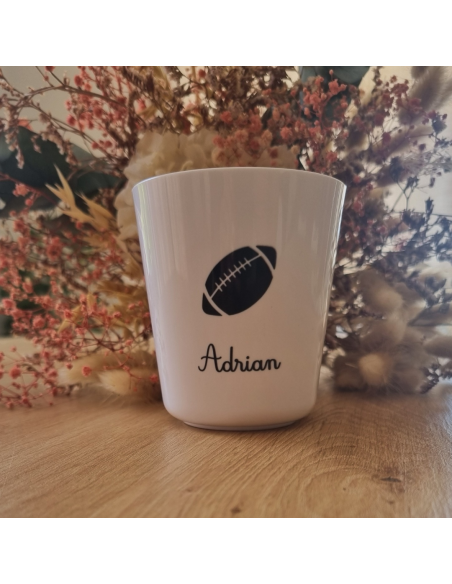 Gobelet enfant en polymère blanc – Prénom + motif RUGBY