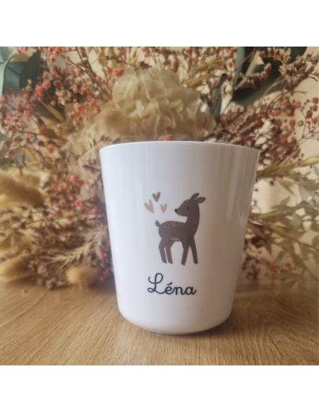 Gobelet enfant en polymère blanc – Prénom + motif BICHE