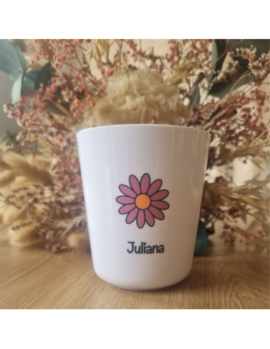 Gobelet enfant en polymère blanc – Prénom + motif FLEUR