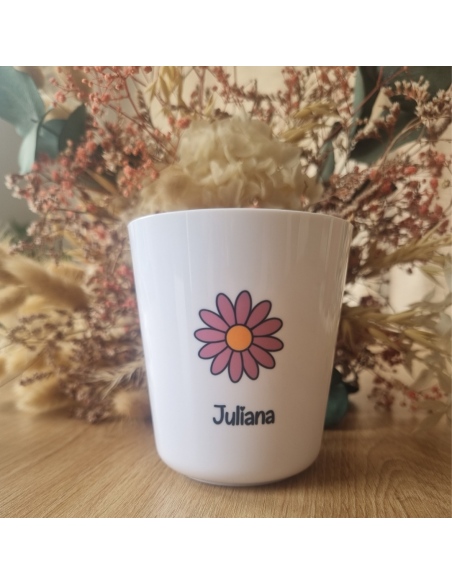Gobelet enfant en polymère blanc – Prénom + motif FLEUR