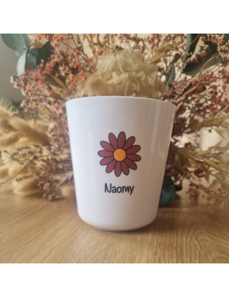 Gobelet enfant en polymère blanc – Prénom + motif FLEUR