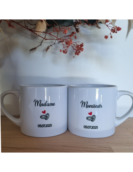 Duo de tasses à café personnalisées – Mariage | Monsieur & Madame + nom & date