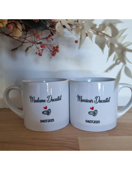 Duo de tasses à café personnalisées – Mariage | Monsieur & Madame + nom & date