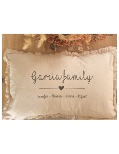Coussin personnalisé “Famille” – Beige & Noir – 30x50 cm