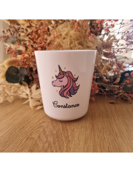 Gobelet enfant en polymère blanc – Prénom + Licorne
