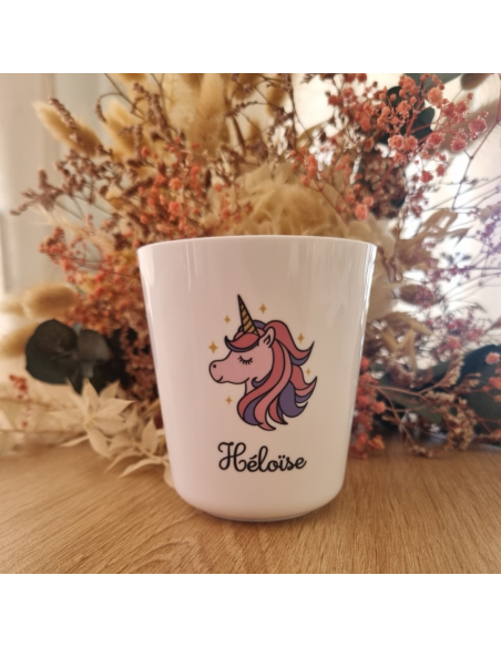 Gobelet enfant en polymère blanc – Prénom + Licorne