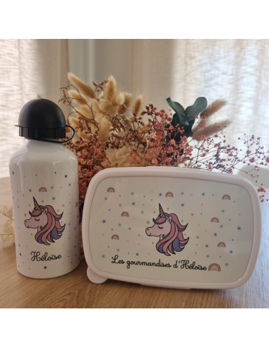 🎒🍼🍱 Gourde et/ou boîte à goûter personnalisée – Thème licorne