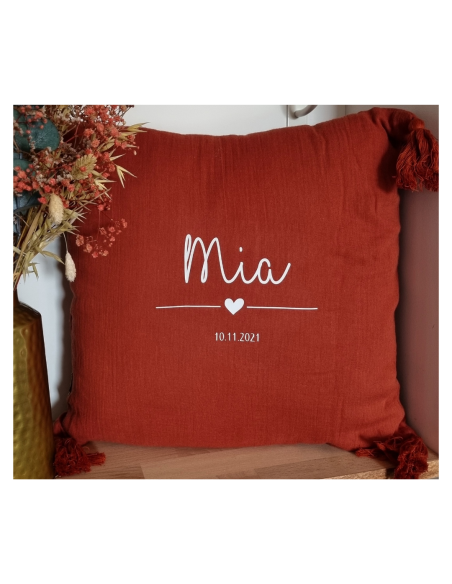 Coussin naissance personnalisé – Prénom, date de naissance (40x40 cm – 4 coloris)