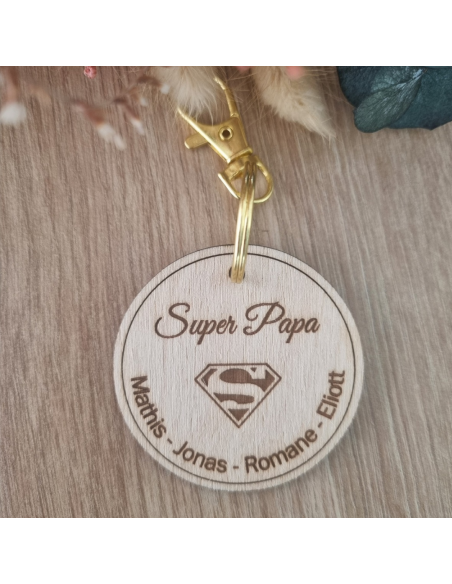 Porte-clés rond "Super Papa / Papi / Parrain" – Jusqu’à 4 prénoms