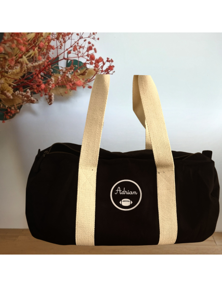 Sac week-end enfant personnalisé – Prénom & Rugby – Coton bio 🌈
