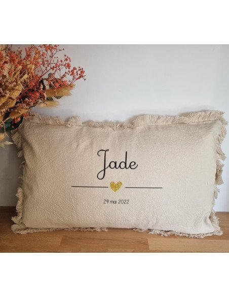Coussin beige – Prénom & date de naissance