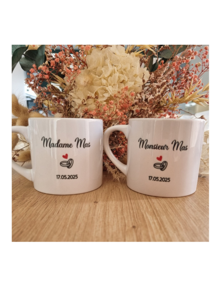 Duo de tasses à café personnalisées – Mariage | Monsieur & Madame + nom & date