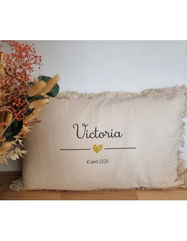 Coussin beige – Prénom & date de naissance