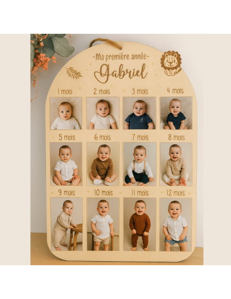 🌟 Plaque souvenir en bois – “Ma première année” personnalisée avec prénom thème Lion