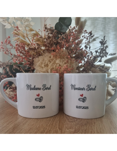 Duo de tasses à café personnalisées – Mariage | Monsieur & Madame + nom & date