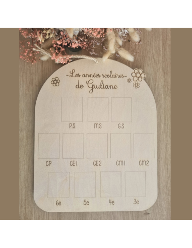🌟 Plaque souvenir en bois – “Les années scolaires” personnalisée avec prénom thème fleur