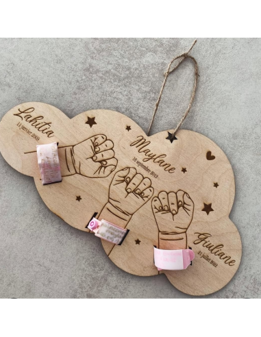 Bracelet de naissance plaque en bois trois enfant
