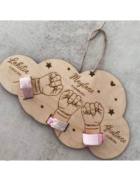 Bracelet de naissance plaque en bois trois enfant