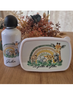 🎒🍼🍱 Gourde et/ou boîte à goûter personnalisée – Thème safari