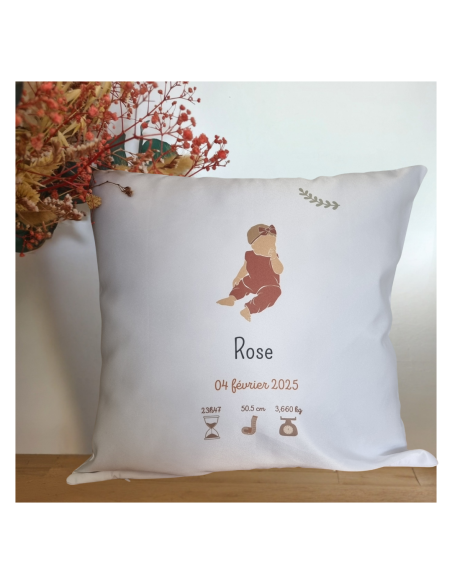 Coussin naissance blanc – Prénom, date, taille, poids & heure (40x40 cm)