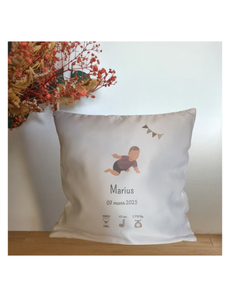 Coussin naissance blanc – Prénom, date, taille, poids & heure (40x40 cm)