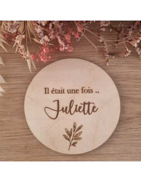 Plaque en bois annonce naissance "il était une fois- feuille"