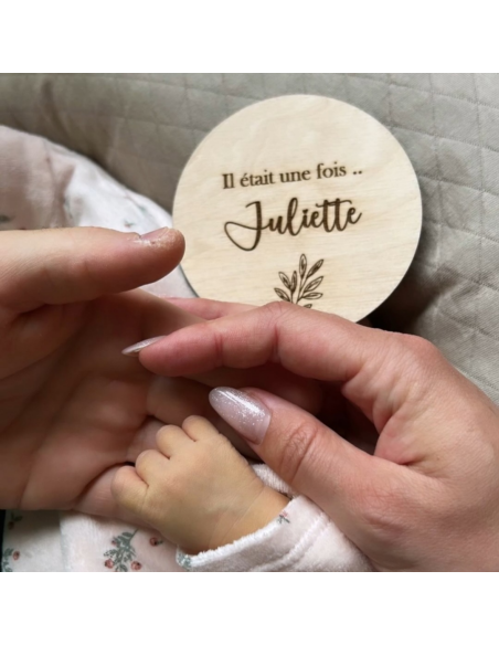 Plaque en bois annonce naissance "il était une fois- feuille"