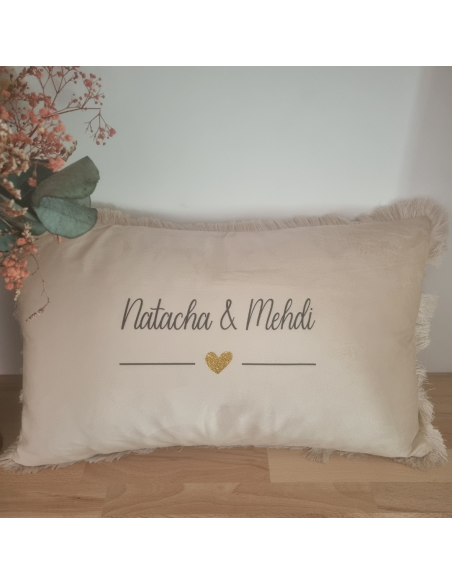 Coussin personnalisé “COUPLE” – Beige & Noir – 30x50 cm