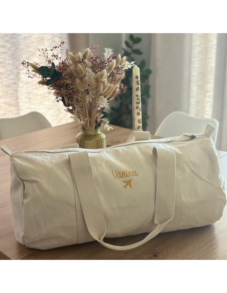 Sac week-end enfant personnalisé – Prénom & avion – Coton bio 🌈