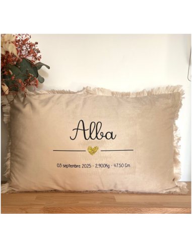 Coussin beige – Prénom , date de naissance ,...