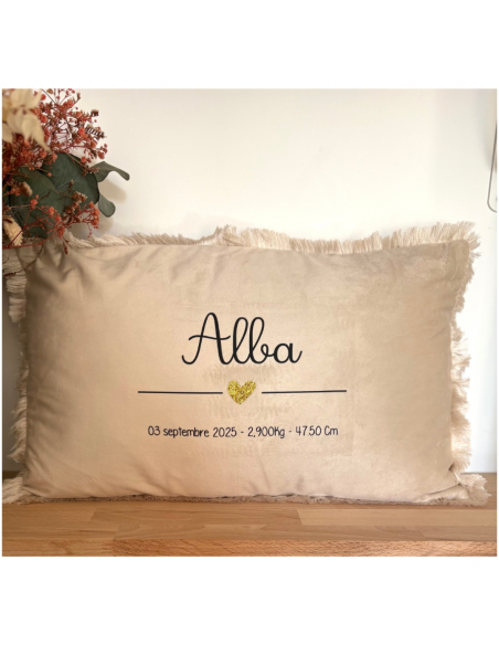 Coussin beige – Prénom , date de naissance , poids et heure