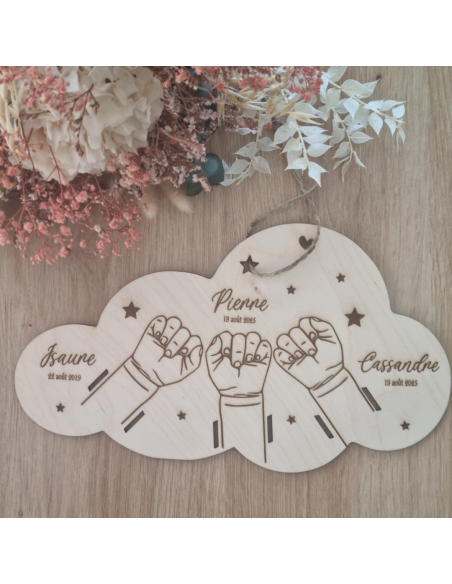 Bracelet de naissance plaque en bois trois enfant