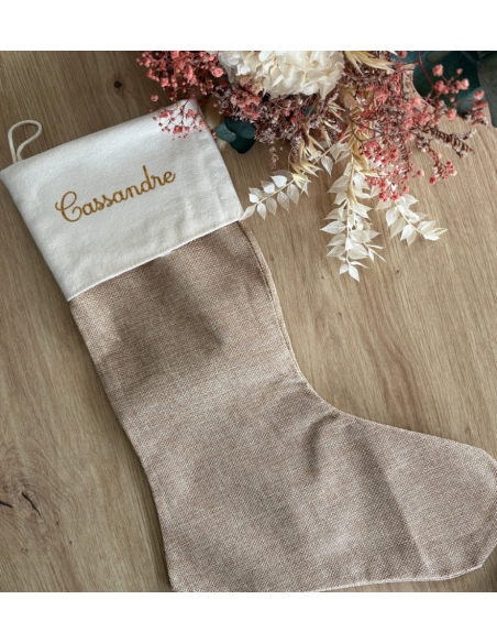 Chaussette de Noël personnalisée – Toile de jute beige – Prénom