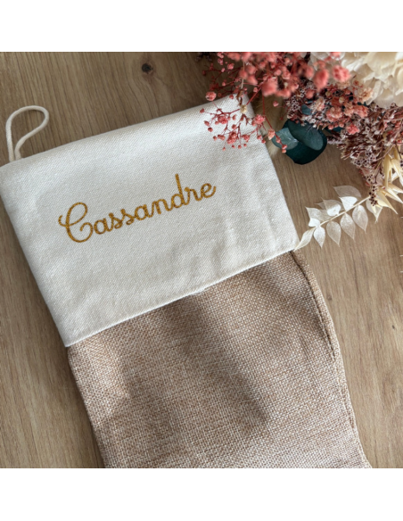 Chaussette de Noël personnalisée – Toile de jute beige – Prénom