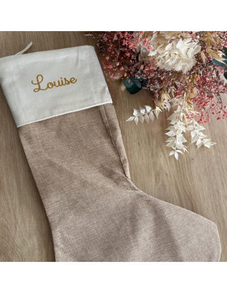 Chaussette de Noël personnalisée – Toile de jute beige – Prénom