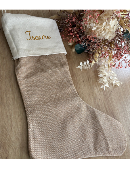 Chaussette de Noël personnalisée – Toile de jute beige – Prénom