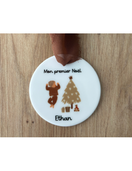 Boule de Noël personnalisée en céramique – Prénom + logo au choix 🎁