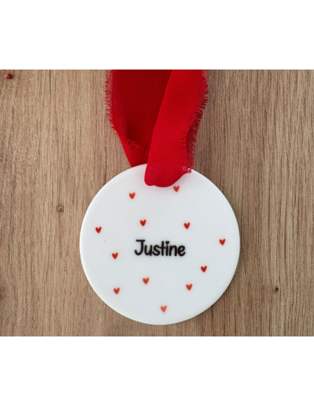 Boule de Noël personnalisée en céramique – Prénom +petit cœur