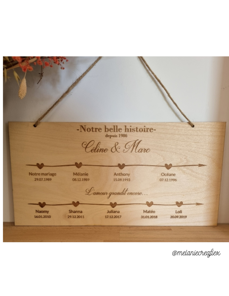 Plaque en bois gravée – Notre belle histoire – Deux lignes de vie personnalisée