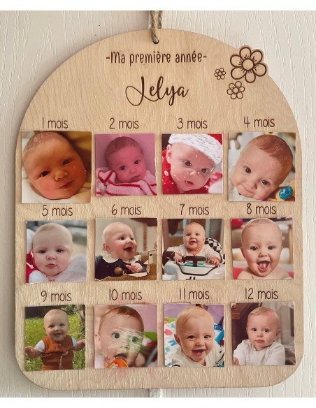 🌟 Plaque souvenir en bois – “Ma première année” personnalisée avec prénom thème fleur