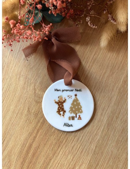 Boule de Noël personnalisée en céramique – Prénom + logo au choix 🎁