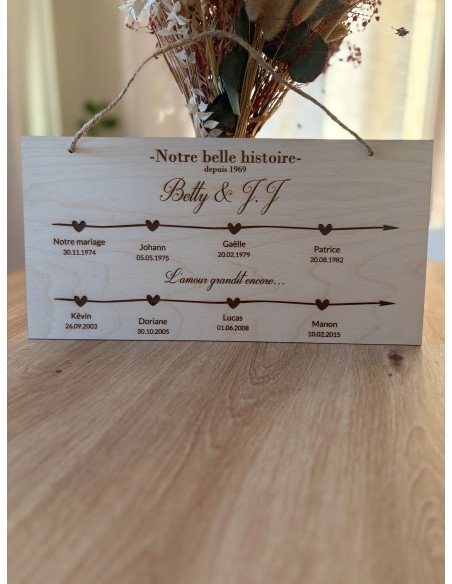 Plaque en bois gravée – Notre belle histoire – Deux lignes de vie personnalisée