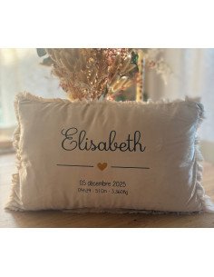 Coussin beige – Prénom , date de naissance , poids, heure...