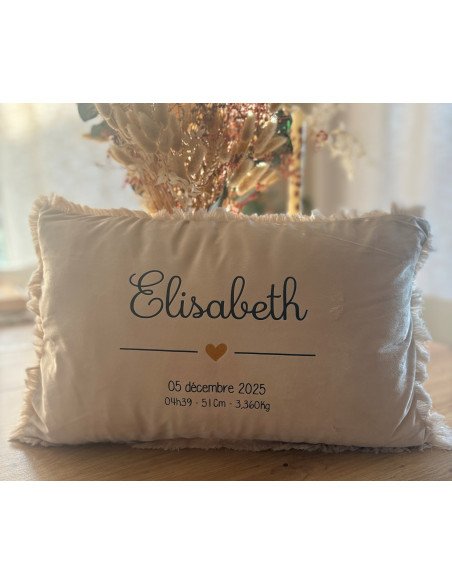 Coussin beige – Prénom , date de naissance , poids, heure et taille